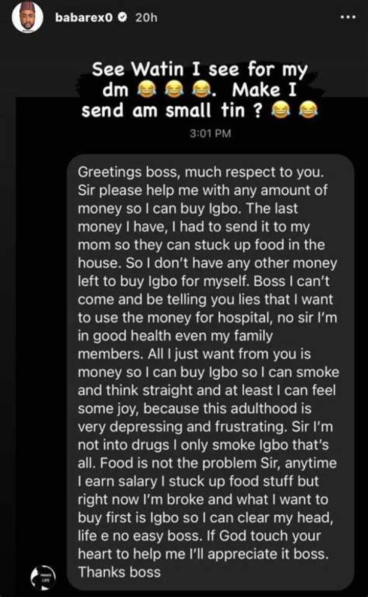 
‘I Don’t Need Money For Food Or Drugs, Give Me Money To Buy Weed’ – Nosa Rex Shares Message He Received From Fan 