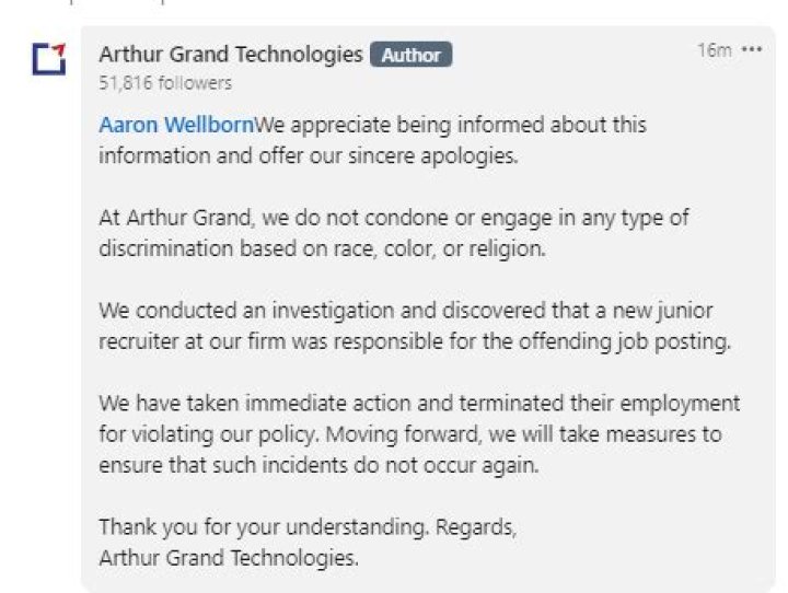 Where is Arthur Grand Technologies located? IT company’s post about wanting only white candidates goes viral